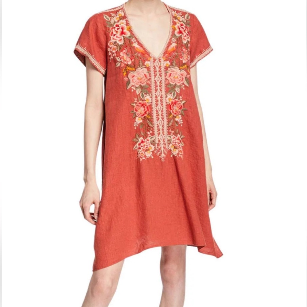 Johnny Was Paola Floral Embroidered Draped Linen Tunic Dress Size Large EUC